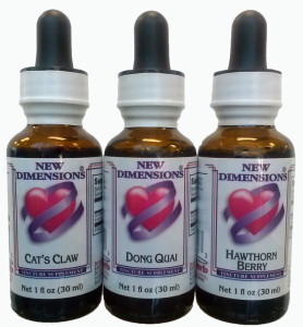 New Dimensions® Tinctures: Cat's Claw, Dong Quai and Hawthorn Berry.